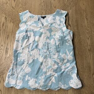 Talbots Floral Blue Scallop Hem Side Zipper Split V Neck Sleeveless Blouse Top M
